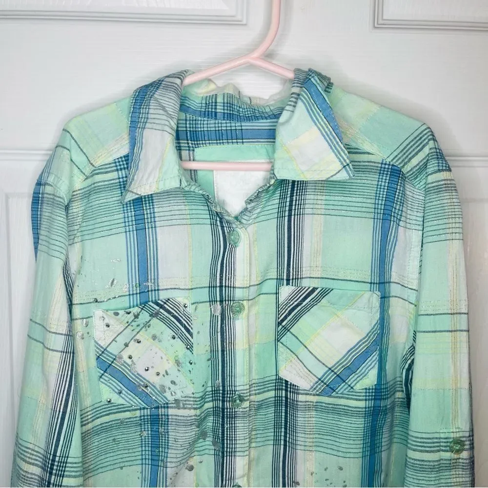 Justice Paint Splatter Silver Thread Plaid Button Down Shirt Green Blue 12